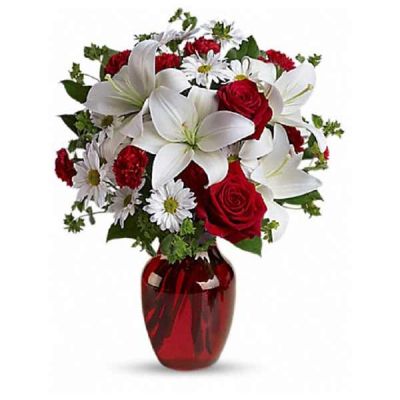 <div class="m-pdp-tabs-description">
<div id="mark-1" class="m-pdp-tabs-marketing-description">
 
<hr />
The spirit of love and romance is beautifully captured in this enchanting bouquet. It's the perfect gift for anyone you love.
</div>
</div>
Red roses and carnations are exquisitely arranged with white asiatic lilies and chrysanthemums in a ruby red glass vase. It's lovely.